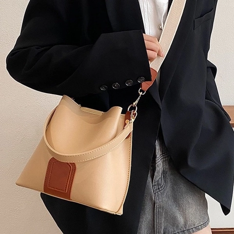Borsa A Secchiello Donna Retro Pelle PU Tracolla Larga Borsa A Mano Stile Coreano Versatile Moda Colore Contrasto