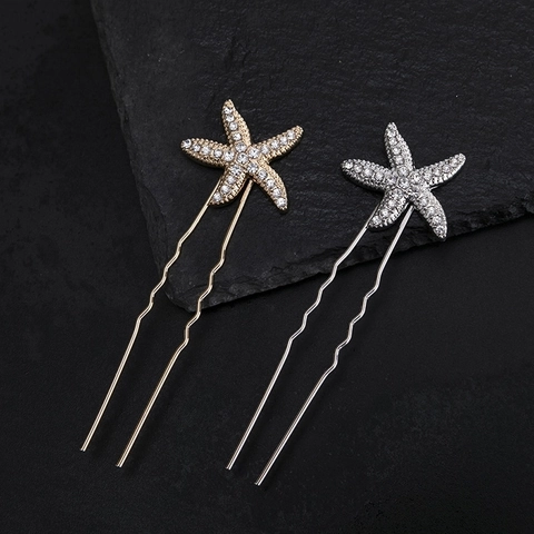 Bastoncino per Capelli a Forma di Stella Marina in Lega con Strass Forcina a U Accessorio per Capelli Sposa Stile Oceano Oro Argento