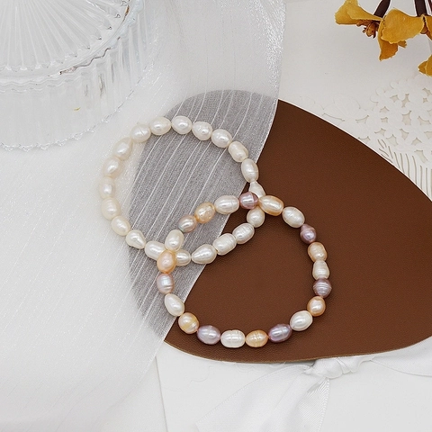 Handmade Freshwater Pearl Bracelet For Women Minimalist Baroque Rice Pearl Elastic Beaded Bracelet Elegant Jewelry Gift