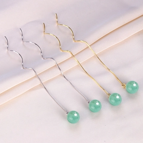 925 Sterling Silver Aventurine Jade Ear Threaders For Women Elegant Long Tassel Wave Chain Drop Earrings Green Stone Jewelry