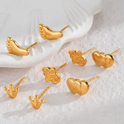 Orecchini A Lobo In Acciaio Inossidabile Per Donna Placcati Oro Cuore Corona Impronta Mano Hamsa Gioielli Di Moda