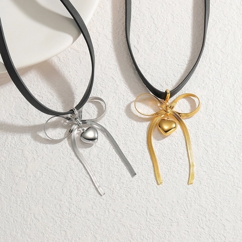 Collana Con Ciondolo A Cuore E Fiocco Acciaio Inossidabile Cordino In Cera Choker Gioielli Di Moda Per Donna Stile Ins Elegante