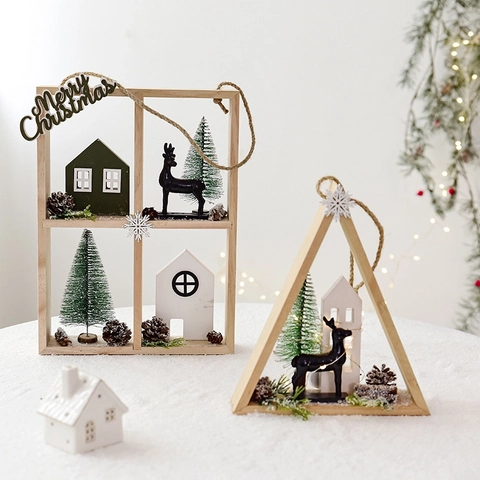Christmas Hanging Ornaments Wooden Miniature House Nordic Style Wall Window Festive Decor Pine Cones Metal Wire Frame