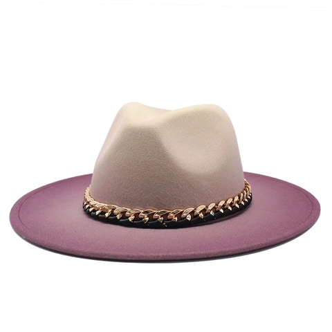 Gradient Color Wool Felt Fedora Hat Wide Brim Jazz Style With Metal Chain Band Adjustable For Men Women