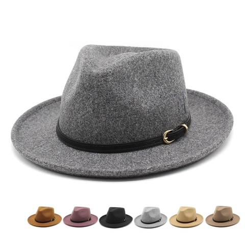 Classic Felt Fedora Hat For Men Women Wide Brim Jazz Gentleman Hat With Belt Buckle Solid Color Winter Warm Sun Hat