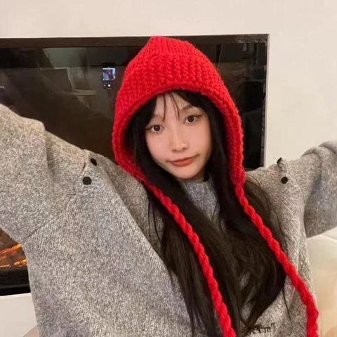 Women Cute Knit Balaclava Hat Thick Cotton Warm Winter Hooded Beanie With Long Braided Straps Ear Protection