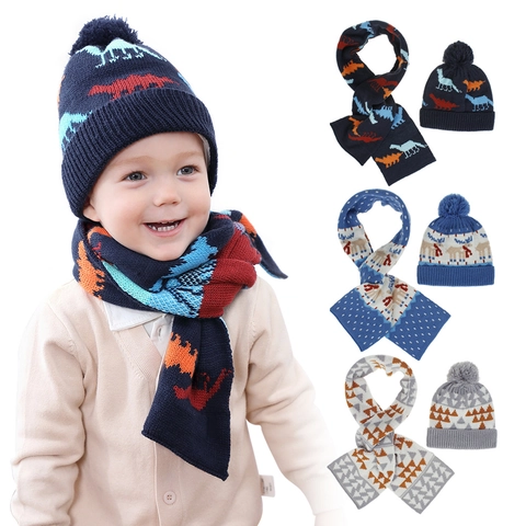 Knit Hat And Scarf Pom Pom Beanie Winter Warm Jacquard Dinosaur Elk Heart Patterns For Toddler Kids Baby Boy Girl