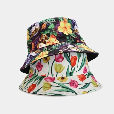 Bucket Hat Cotton Polyester Reversible Sun Protection Outdoor Summer Wide Brim Ethnic Floral Print Fashion Unisex
