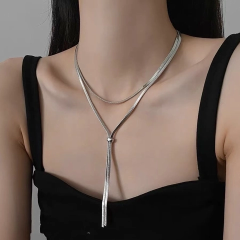 Silber Legierung Doppellagig Schlangenknochenkette Verstellbar Lang Y-Form Kette Pullover Halskette Für Damen Minimalistisch Modeschmuck
