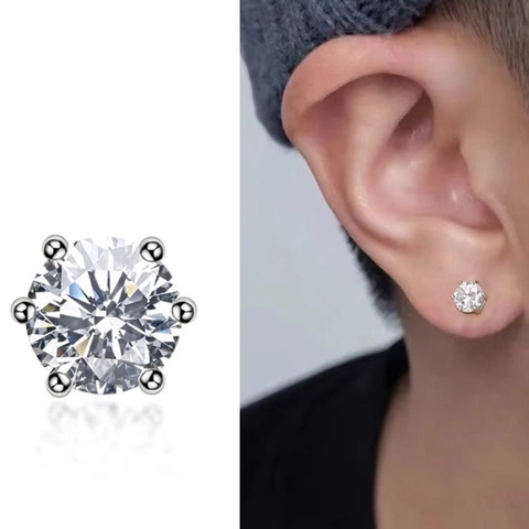 Classic Six-Prong Cubic Zirconia Stud Earrings Silver Plated Round Brilliant Cut Hip Hop Fashion Jewelry For Men