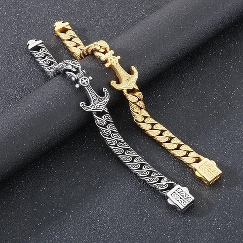 Bracciale Uomo Acciaio Inossidabile 316L Chiusura Ancora Croce Catena Cubana Vintage Punk Gotico Stile Vichingo