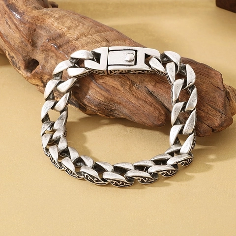 Pulsera De Eslabones Cubanos Vintage Acero Inoxidable Patrón Grabado Retro Para Hombres Joyería