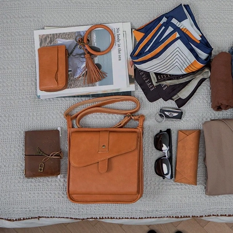 Vintage Lychee Grain PU Leather Crossbody Bag Small Messenger Shoulder Handbag Multi Layer Flip Cover Practical Unisex