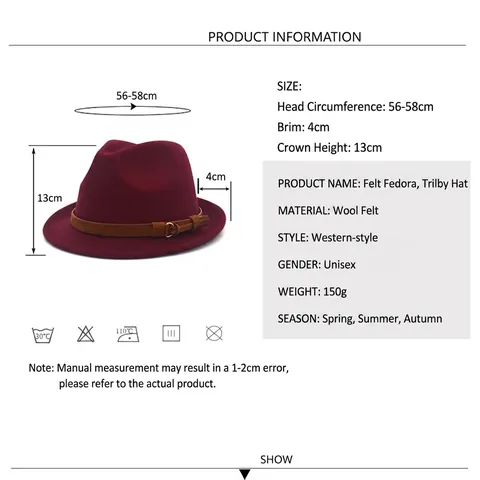 Fedora Hat Woolen Felt Unisex Jazz Hat Leather Band Buckle Solid Color Retro Style Outdoor Travel