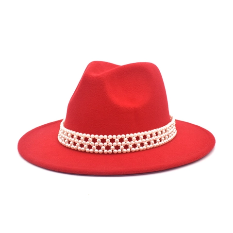 Fedora Hat Wide Brim Woolen Felt Jazz Cap With Artificial Pearl Beaded Band Solid Color Winter Autumn Warm Outdoor Travel Accessory