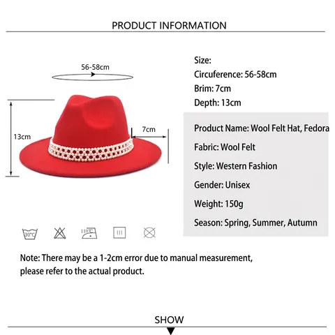 Fedora Hat Wide Brim Woolen Felt Jazz Cap With Artificial Pearl Beaded Band Solid Color Winter Autumn Warm Outdoor Travel Accessory