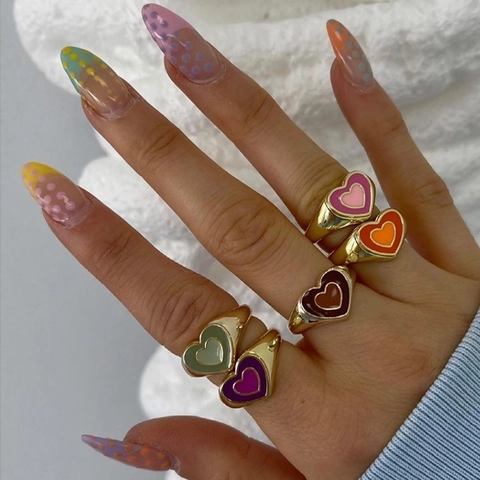 Heart Ring Double Layer Enamel Stainless Steel 18K Gold Plated Trendy Sweet Fashion Jewelry For Women