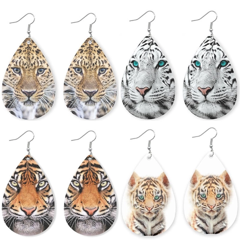 Tropfenform PU Leder Hängeohrringe Tiger Leopard Gepard Tierdruck Lustiger Trendiger Statement Schmuck Für Damen