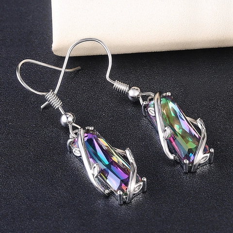 Vintage Damen Hängeohrringe Kupfer Mit Regenbogen Rechteckigem Kristall Und Zirkon Weinrebe Zweig Design Modeschmuck