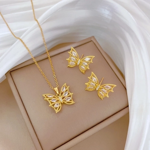 Butterfly Necklace And Earrings With Zircon Hollow Gold Plated Titanium Steel Chain And Silver Earring Post