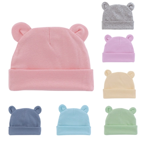 Baby Beanie Hat Newborn Cotton Knit Soft Stretchy Cap With Cute Ears Solid Color Striped Breathable Infant Boys Girls