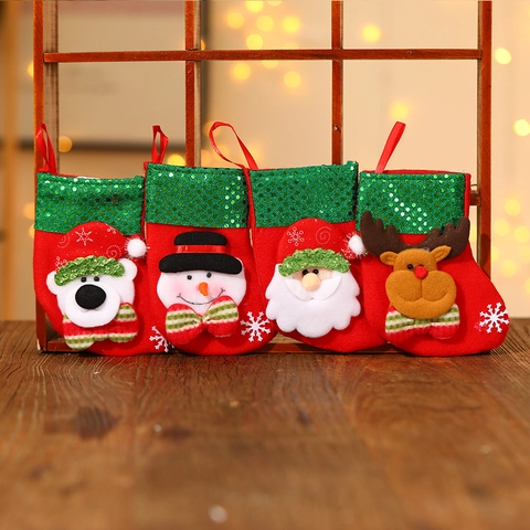 Felt Christmas Stocking With Green Sequin Hanging Ornament Cartoon Santa Claus Snowman Reindeer For Christmas Tree Gift Bag