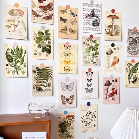 Cartoline Decorative Vintage Botaniche Farfalla Fungo Kit Collage Decorazione Parete Estetica Cartone