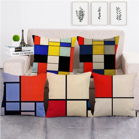Abstract Geometric Color Block Linen Cushion Cover Square Throw Pillowcase For Sofa Living Room Home Decor