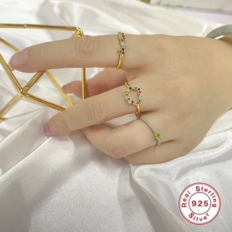 Open Rings 925 Sterling Silver Gold Plated With Colorful Cubic Zirconia Minimalist Adjustable Fashion Finger Jewelry Women