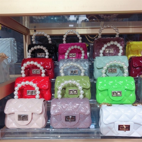 Mini Jelly Crossbody Bag Quilted PVC Handbag With Artificial Pearl Handle Metal Chain Turn-lock Closure Candy Color Fashion