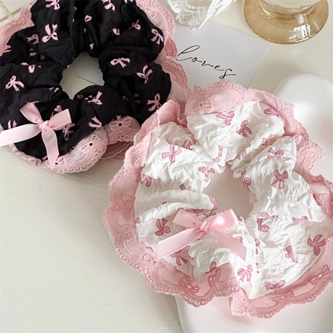 Balletcore Lace Scrunchies Fabric Hair Ties Sweet Pink Bowknot Pattern Ribbon Bow Decor Elastic Ponytail Holder For Girls