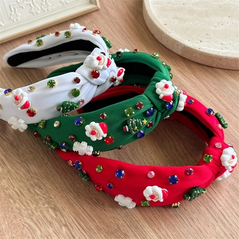 Serre-Tête De Noël Tissu Noué Avec Ornements Père Noël Arbre Résine Strass Accessoire Cheveux Festif Pour Femmes