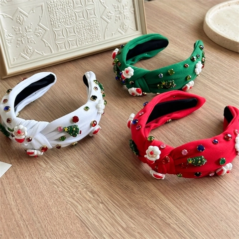 Serre-Tête De Noël Tissu Noué Avec Ornements Père Noël Arbre Résine Strass Accessoire Cheveux Festif Pour Femmes
