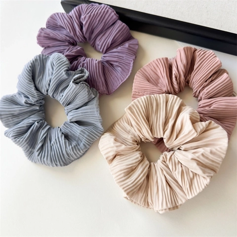 Pleated Fabric Large Scrunchie Hair Tie High Elasticity Vintage Simple Solid Color Ponytail Holder For Women Girls
