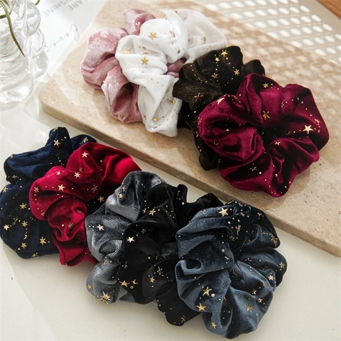 Coleteros de Terciopelo con Estrellas de Lámina de Oro Gomas Elásticas para el Pelo para Mujeres Niñas Moda Otoño Invierno Accesorios para el Pelo