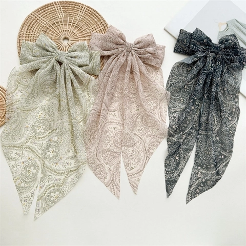 Pinza De Pelo Con Lazo Grande Y Cintas Largas Tela Gasa Estampado Paisley Bohemio Elegante Accesorio Coleta Para Mujer