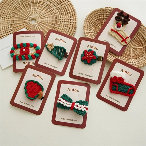 Crochet Christmas Hair Clips Handmade Woolen Yarn Knit Tree Reindeer Strawberry Star Festive Holiday Headwear Bb Hairpins