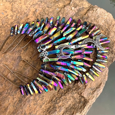 Cerchietto Per Capelli Con Corona In Cristallo Naturale Galvanizzato Arcobaleno Con Pendenti Luna Stella Fatto A Mano Bohémien Donne