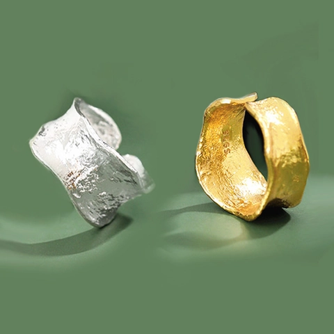 Anillo Ancho Textura Lava Irregular Cobre Plateado Anillo Abierto Ajustable Joyería Minimalista