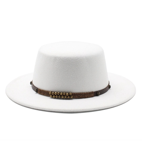 Vintage Flat Top Boater Hat Woolen Felt Wide Brim British Style Ethnic Decorative Band Unisex Outdoor