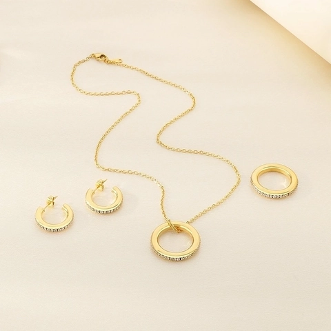 Joyas De Acero Inoxidable Circón Collar Anillo Pendientes De Aro Para Mujer Estilo Geométrico Minimalista