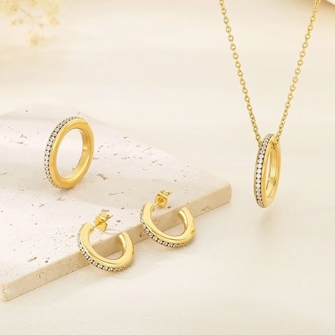 Stainless Steel Jewelry Circular Rhinestone Necklace Earrings And Ring Geometric Elegant Fashion Accessories For Women