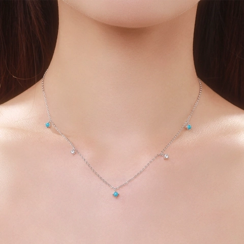 925 Sterling Silver Necklace With Round Turquoise And Square Zircon Minimalist Clavicle Chain For Women Fashion Jewelry