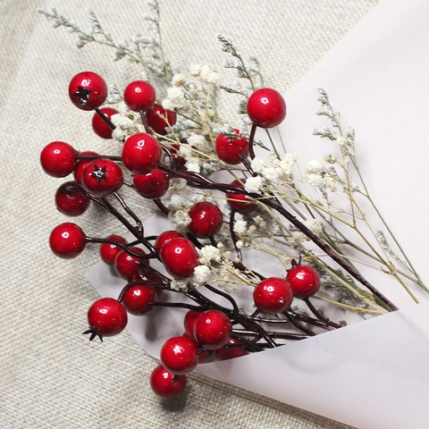 Artificial Red Berry Stems High Gloss Foam Fruit Branches For Christmas Tree Decor Home Vase DIY Floral Arrangement