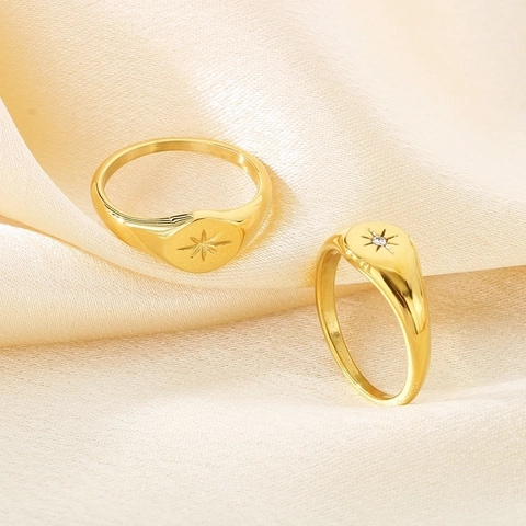 Anillo Sigillo Stella Polare Titanio Acciaio Inossidabile Placcato Oro Zirconia Gioielli Vintage Per Donna
