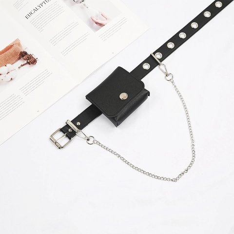 Ceinture À Oeillets Punk Cuir PU Pochette Amovible Chaîne Métallique Accessoires De Mode Streetwear Boucle À Épingle Noir