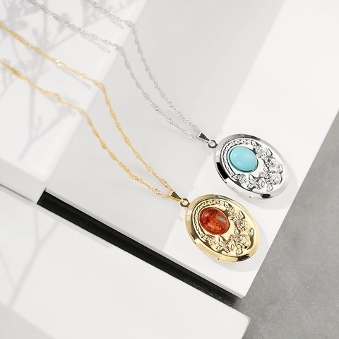 Vintage Alloy Oval Rose Locket Pendant Necklace Electroplated French Style Agate Turquoise Gemstone Memory Jewelry For Women
