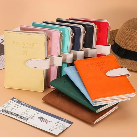 Rfid Passport Holder Travel Wallet Pu Leather Multi-Functional Document Organizer Zipper Pocket Card Slots Business