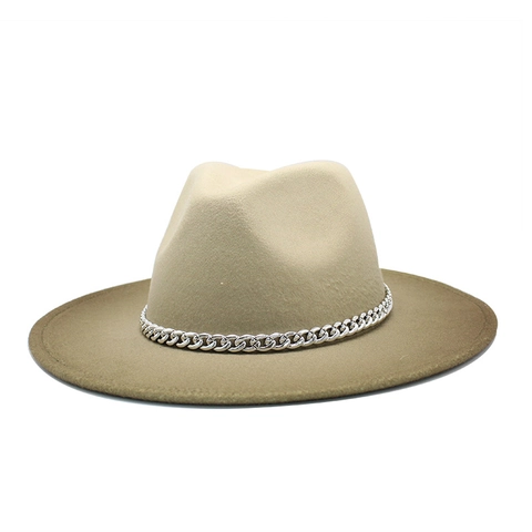 Breitem Rand Fedora Hut Wollfilz Farbverlauf Zweifarbig Jazz Kappe Mit Silberner Metallkette Retro Mode Unisex