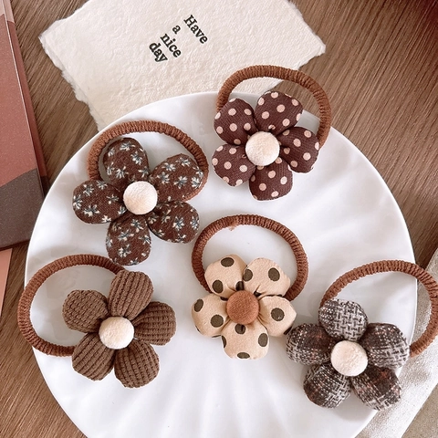 Kids Flower Hair Ties Fabric Elastic Ponytail Holder Floral Polka Dot Plaid Pattern Maillard Brown Hair Bands For Girls